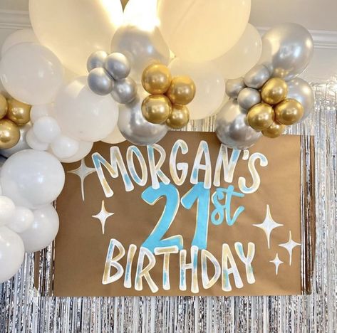 Party Decorations 21st Birthday, 21sr Birthday Decorations, 22nd Birthday Backdrop Ideas, 20th Birthday Sign Ideas, 21st Bday Poster Ideas, 21st Brown Paper Sign, Blue Themed 21st Birthday, Birthday Banner On Brown Paper, 21 Birthday Poster Ideas