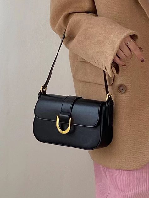 Black  Collar  PU   Embellished   Women Bags Black Sling Bag Outfit, Aesthetic Sling Bag, Trendy Shoulder Bags, Aesthetic Handbags, Black Sling Bag, Sling Bag Women, Sling Bags Women, Classy Purses, Sling Bag Black