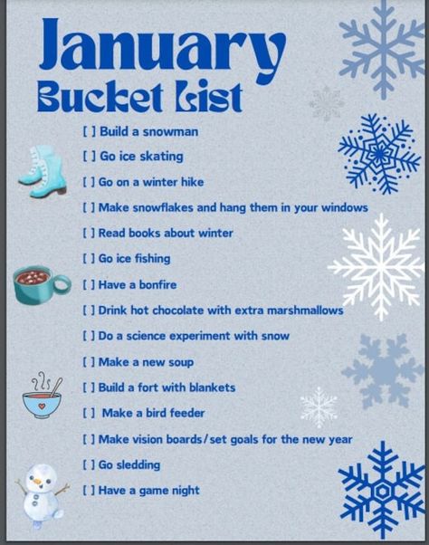 Start the new year by making memories with your family and friends with this bucket list! Monthly Bucket List, January Bucket List, New Year Bucket List, Bullet Journal Packing List, Monthly Ideas, Things To Do In Winter, Fun Cupcake Recipes, Retirement Ideas, Monthly Plan