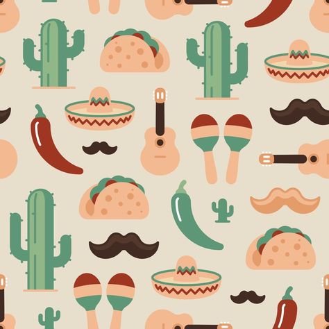 Cinco de Mayo seamless pattern of Mexican things Mexican Things, Walking Taco, Mexican Border, Mexican Food, Food Truck, Food Print, Seamless Pattern, Seamless Patterns, Borders