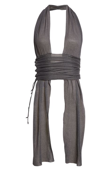 Bring main-character energy to your night-out looks with this cropped halter top with a plunging neckline, open back and trailing panels of the sheer knit. The ruched sash-like waist adds rippling dimension and a perfect fit. Plunge halter neck Drawstring ruching Semisheer 78% Tencel® lyocell, 22% polyamide Tencel lyocell is a more-sustainably produced fiber made with closed-loop processing Dry clean or hand wash, dry flat Made in Spain Designer Clothing Chiffon Halter Top, Drapey Clothing, Sagittarius Fashion, Diy Halter Top, Unique Crop Tops, Cropped Halter Top, Neck Halter Top, Unusual Clothes, Black Halter Top