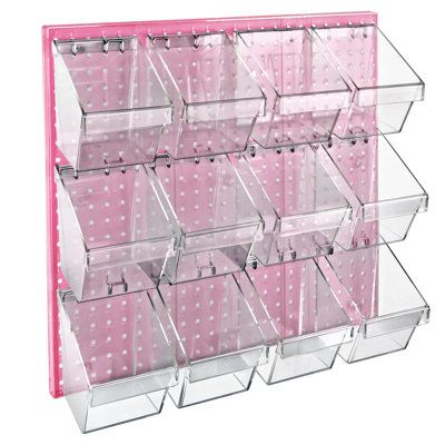 Azar Displays 12 Small Bucket Peg Wall Accessory Organizer Set is ideal for organizing Tools, Screws, Hardware, Toys, Lego, Nerf Accessories, Crafts and Art Supplies. The Clear Frosted Pegboard is made of high impact styrene which makes it strong and durable, and it measures 24” x 24”. The Kit includes 12 small Buckets with hardware to hang the buckets and screws are included for hanging the pegboard to the wall. Each small Bucket measures 3.14” wide x 4.246” deep x 4.453” high. The open slope d Peg Board Wall Craft Room, Organization For Art Supplies, Art Studio Storage Small Spaces, Glitter Organization, Small Business Room Ideas, Pegboard Art Supplies, Peg Board Storage, Small Home Organization, Pegboard Craft Room