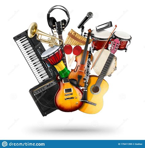 Stack pile collage of various musical instruments. Electric guitar violin piano keyboard bongo drums tamburin harmonica trumpet.. Photo about harmonica, instrument, instruments - 179411395 Images Of Musical Instruments, Musical Instruments Collage, Music Instruments Wallpapers, Trumpet Images, Instrument Background, Musical Instruments Art, Drums And Guitar, Bg Images, Music Drums