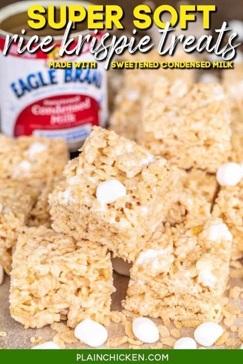 These Super Soft Rice Krispie Treats are the Rice Krispie Treats of your dreams! SUPER soft and they stay that way for DAYS!! The secret to getting super soft treats? Sweetened condensed milk. One bite and you will never make Rice Krispie treats any other way! Butter, sweetened condensed milk, marshmallows, vanilla, and Rice Krispies cereal. Perfect make-ahead gluten-free dessert for parties! Soft Rice Krispie Treats, Homemade Rice Krispies, Rice Crispy Bars, Crispy Treats Recipe, Rice Krispie Bars, Homemade Rice Krispies Treats, Rice Crispy Treats Recipe, Sweet Condensed Milk, Lemon Pound Cake Recipe