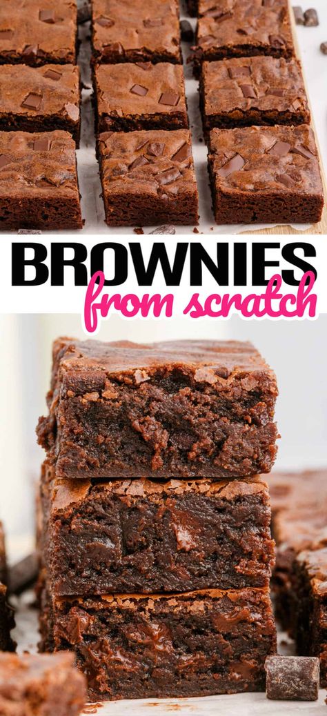 Rich chocolate Brownies from Scratch are a huge family favorite, especially since they are so easy to make, you can whip them up any time! The Best Brownies Recipe, Simple Fudge Brownie Recipe, Scratch Brownies Homemade, Brownie Recipes Cake Like, Easy Chewy Brownie Recipe, Best Brownies Ever Homemade, Thick Brownie Recipes, Rich Chocolate Brownies, Homemade Chocolate Chip Brownies