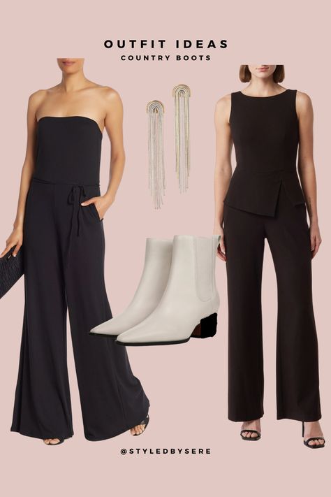 Pair your sleek country boots with two styles of black jumpsuits. One strapless, wide leg option, for a dressy, effortless look. The other more pinned up, perfect for a business setting. Wear with either with two toned fringe earrings for added shine. Black Jumpsuits, Tube Jumpsuit, Country Boots, Fringe Earrings, Black Jumpsuit, Summer 2024, A Business, Pin Up, Outfit Ideas