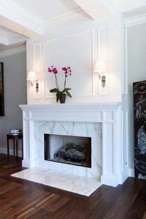 Top 60 Best Fireplace Mantel Designs - Interior Surround Ideas Fireplace Mantel Designs, Mantel Design, Marble Fireplace, White Fireplace, Transitional Living, Fireplace Remodel, Transitional Living Rooms, Home Fireplace, Fireplace Makeover