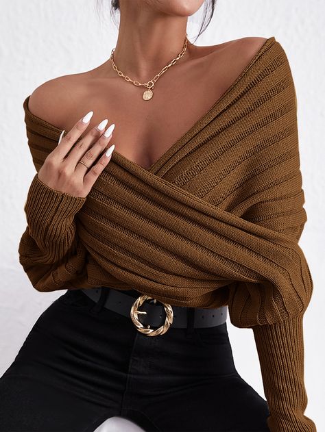 Knit Wrap Sweater, Batwing Sleeve Sweater, Chic Sweaters, Knit Wrap, Ribbed Knit Sweater, Pattern Sweater, Wrap Sweater, Dressy Casual, Sweater Sleeves