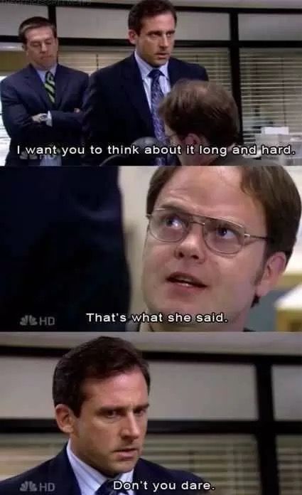 "That's what she said" "Don't you dare!" Thats What She Said, Office Jokes, The Office Show, Worlds Best Boss, Office Memes, Office Quotes, Best Boss, Office Humor, Flirting Memes