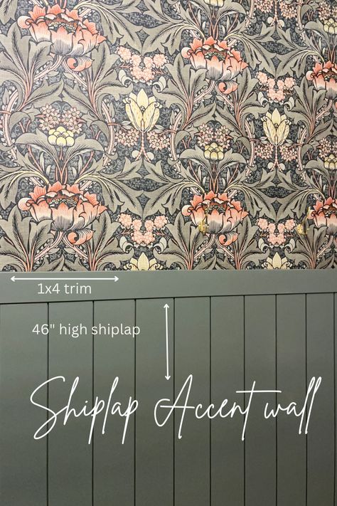 Bathroom Wallpaper Bottom Half, Bathroom Reno Wallpaper, Bathrooms With Wallpaper And Wainscoting, Tile On Half Bathroom Wall, Hallway Bathroom Wallpaper, Joanna Gaines Wallpaper Bathroom, Powder Room Shiplap And Wallpaper, Rustic Wallpaper Bathroom, Fully Wallpapered Bathroom