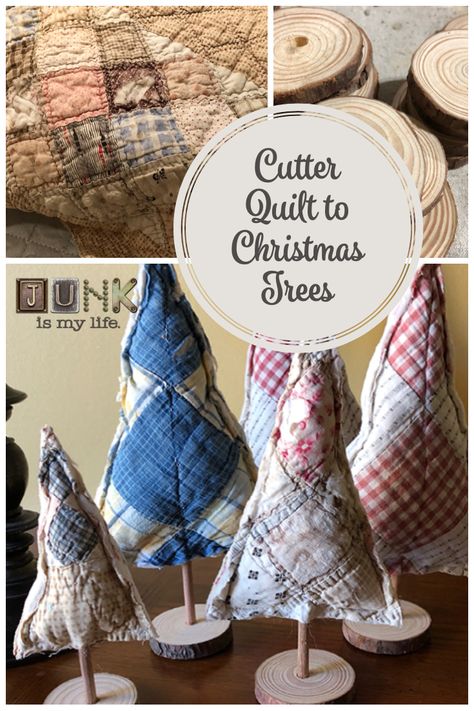 It is easy to upcyle an old cutter quilt to really cute Christmas trees. This blog post is a quick tutorial for making this easy project. #christmastrees #cutterquilt #woodslices #sewing #Christmas #sewsimple #farmhouse Quilt Christmas Trees, Crafts With Old Quilt Pieces, Old Quilt Christmas Trees, Sewn Christmas Trees, Quilt Ornaments Diy, Old Quilt Crafts Projects, Christmas Trees Made From Old Quilts, Vintage Quilt Christmas Trees, Ornaments From Old Quilts