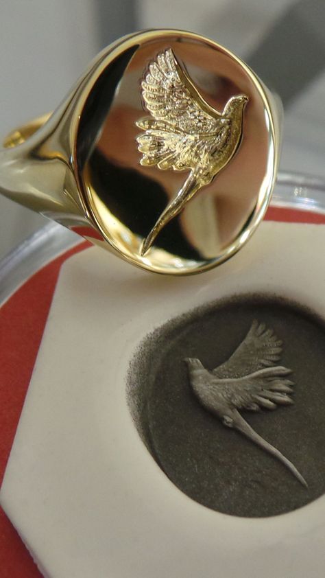 Oxford Oval Signet Ring with Deep Seal Engraved Bird - Pheasant, Wings, Feathers Seal Rings Women, Bird Signet Ring, Silver Signet Ring Women, Bird Ring Jewelry, Wings Feathers, Oval Signet Ring, Bird Ring, Signet Rings Women, How To Wear Rings