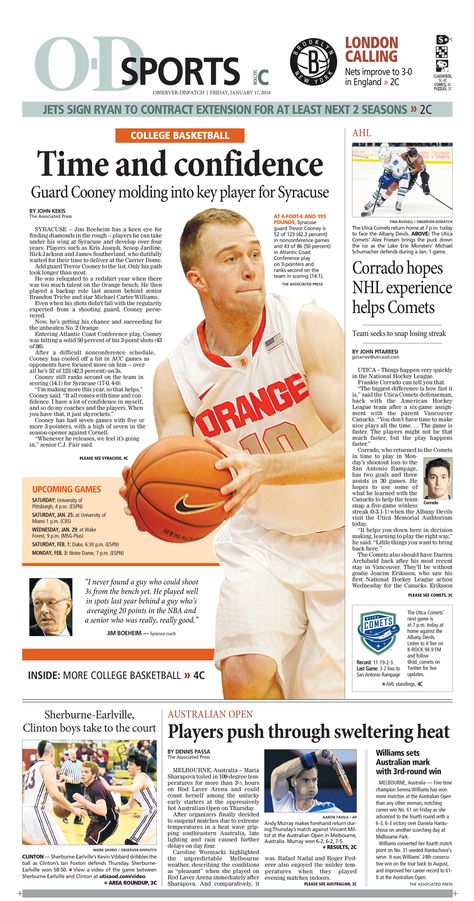 Sports section front: Syracuse Orange basketball feature Sports Section Newspaper, Basketball Magazine Layout, Basketball Newspaper, School Publication, Sports Newspaper, Newsletter Design Layout, Newspaper Project, Syracuse Basketball, Newspaper Design Layout