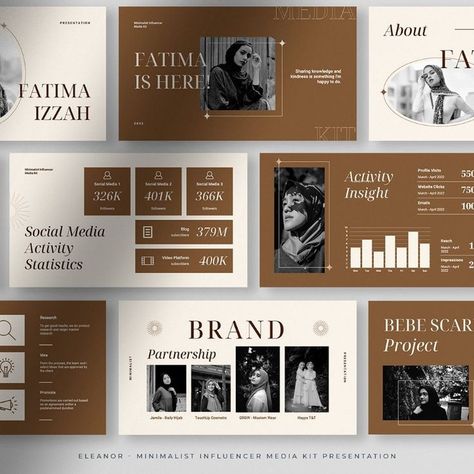 Eleanor - Warm Choco Minimalist Influencer Media Kit Presentation PowerPoint Template Minimalist Influencer, Influencer Portfolio, Media Kit Design, Influencer Media Kit, Presentation Format, Social Media Course, Presentation Topics, Professional Brochure, Slides Design