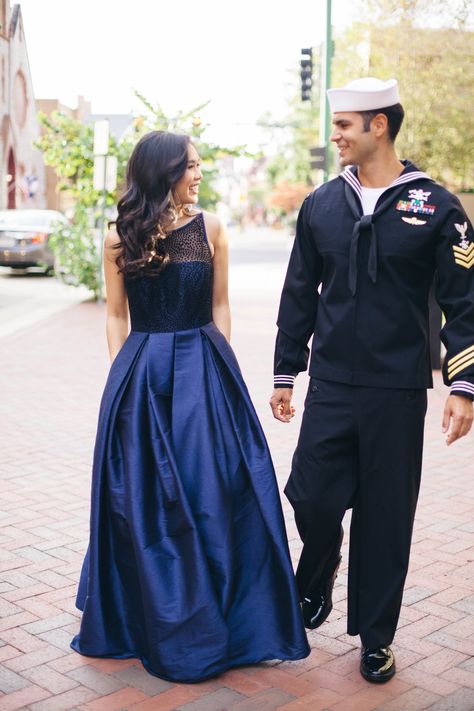 A navy ballgown with pockets is perfect to wear to a military ball Navy Ball Gown Military, Marine Ball Dresses Formal Gowns, Military Ball Dresses Jrotc High School, Navy Ballgown, Military Ball Hairstyles, Marine Corps Ball Dresses, Navy Graduation Dress, Navy Ball Dresses, Navy Ball Gown