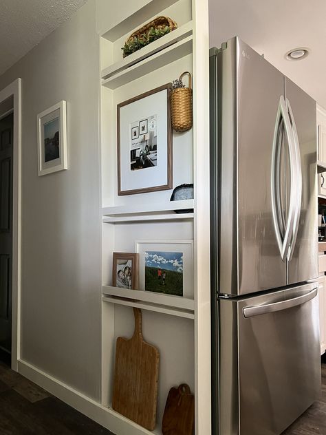 Next To Refrigerator Storage, Side Of Refrigerator Decor, How To Enclose Your Refrigerator, Wall Next To Refrigerator, Shelf Around Fridge, End Of Refrigerator Cabinet, Around Fridge Ideas, Shelf For Side Of Fridge, Enclose Refrigerator