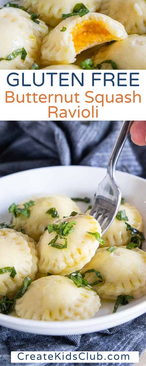 Gluten free butternut ravioli is easier to make at home than you may think. Our version uses nondairy cream cheese and plenty of garlic for a delicious ravioli that everyone will love. This recipe for homemade butternut squash ravioli is prepped, cooked, and served in no time at all. A great recipe to create for any occasion or make for dinner any night of the week. Dairy-free ravioli is delicious, nutritious, and kid-approved! Gluten Free Butternut Squash Ravioli, Almond Flour Ravioli, Gluten Free Ravioli Recipe, Butternut Ravioli, Butternut Squash Side Dish, Gluten Free Ravioli, Ravioli Recipes, Gf Cooking, Ground Beef Pasta Recipes