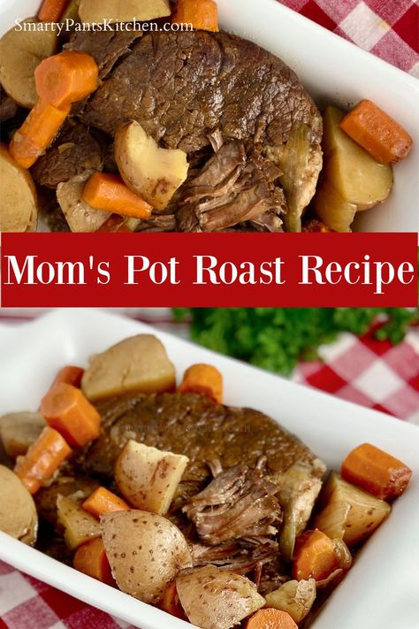 Pot roast with carrots, potatoes and onions in white serving bowl. Cooking A Pot Roast In The Oven, Easy Oven Pot Roast, Pot Roast In The Oven Recipe, Beef In Dutch Oven, Oven Pot Roast Recipes, Beef Roast In The Oven, Pot Roast In Oven, Roast Beef Recipes Oven, Roast In Dutch Oven