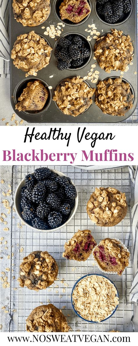 Vegan Blackberry Muffins (Oil-free & WFPB) These Vegan Blackberry Muffins are lightly sweetened and topped with a delicious oat streusel! They're whole wheat, oil-free, and refined-sugar-free. Perfect for breakfast, snacks, packed lunches, and dessert! Vegan Blackberry Muffins, Blackberry Recipes Vegan, Blackberry Muffin Recipe, Blackberry Muffins, Blackberry Muffin, Blackberry Dessert, Molasses Muffins, Vegan Breads, Fruit Muffins