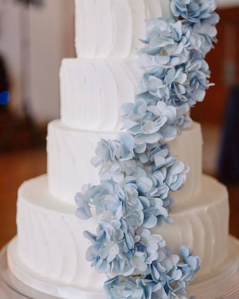 Wedding Cake Blue Hydrangea, Light Blue And Gold Wedding Cake, White Wedding Cake With Blue Accent, Classic Blue Wedding Cake, Wedding Cakes With Hydrangeas, Blue And White Floral Wedding Cake, 3 Tier Wedding Cake Dusty Blue, Slate Blue Wedding Cake, Wedding Cake With Dusty Blue Flowers