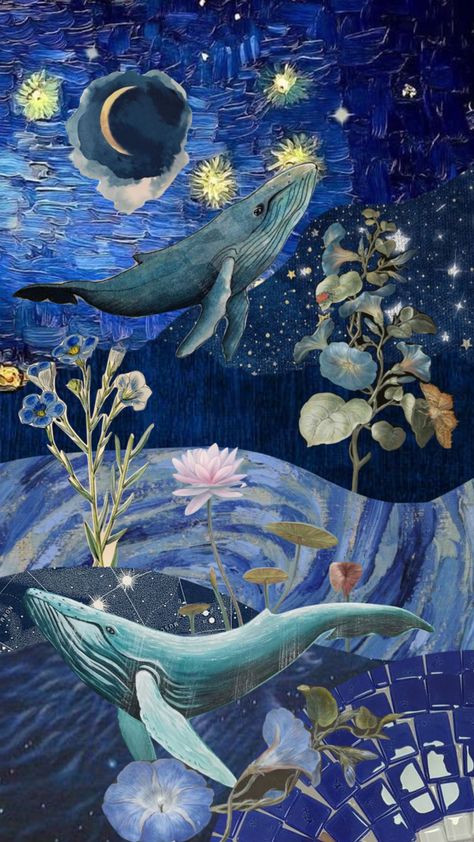 sea of stars #stars #moon #vintage #vintagefuturism #retrofuturism #surrealism #vangogh #whales Whale Phone Background, Whale Wallpapers Aesthetic, Sea Creature Wallpaper, Whale Wallpapers, Whale Background, Sea Aesthetic Wallpaper, Surreal Wallpaper, Whales Wallpaper, Sea Collage