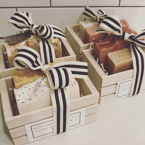 2 6oz soap bars in a cute little crate for the perfect gift! Soap And Lotion Gift Basket Ideas, Soap Gift Box Ideas, Soap Packaging Diy, Soap Gift Basket, Soap Packaging Design, Diy Soap Bars, Wedding Gifts Packaging, Black Barn, Soap Labels