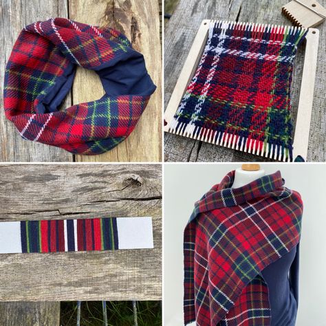 Four images, a tartan shawl, cowl, card winding and sample weave Tartan Weaving Pattern, Tartan Weaving, Weaving Scarfs, Tartan Shawl, Elegant Shawl, Weaving Tutorial, Paper Weaving, Tartan Scarf, Tartan Fabric