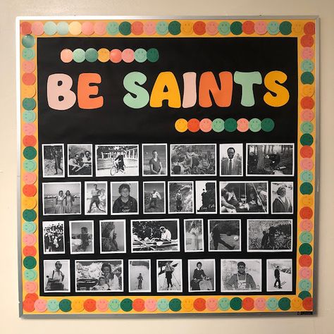 Look to Him and be Radiant: Saints & Sports Bulletin Board All Saints Day Bulletin Board Ideas, Virtue Of The Month Bulletin Board, Saints Bulletin Board Ideas, Saint Bulletin Board Ideas, Rosary Bulletin Board Ideas, Mary Bulletin Board Ideas, Catholic School Bulletin Board Ideas, Catholic Bulletin Board Ideas, Lent Bulletin Board Ideas Catholic