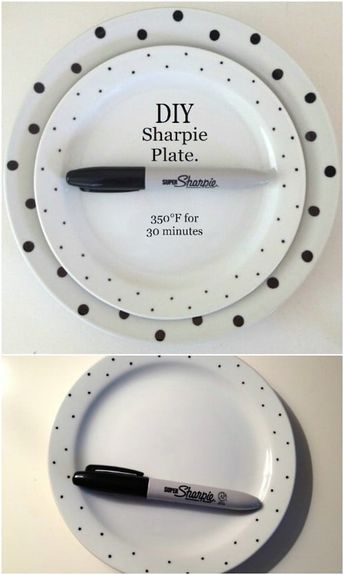 25 DIY Decorative Plates That Give Your Dishes A Hand Painted Look Decorative Plates Diy, Dollar Tree Plates, Diy Sharpie Crafts, Sharpie Plates, Diy Sharpie Mug, Giving Plate, Diy Dish, Sharpie Crafts, Sharpie Mug