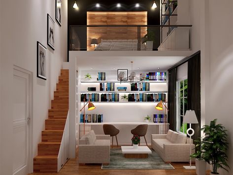 Living room and Bedroom with Mezzanine floor Small Mezzanine House Design, Mezanine Room, Mezanine Interior Design, Mezzanine Living Room, Mezzanine House Design, Bedroom With Mezzanine, House With Mezzanine, Mezzanine Floor Design, Nha Cap 4