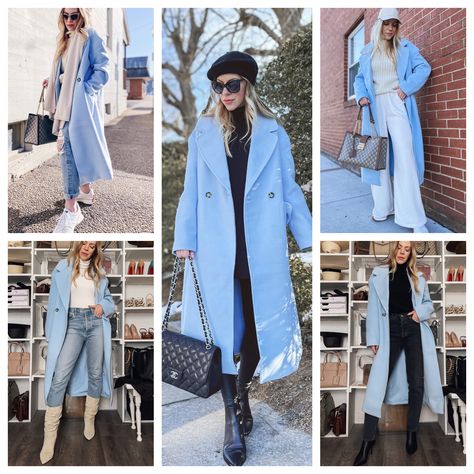 Meagan Brandon of Meagan's Moda shares five ways to wear a baby blue coat for spring, pastel coat Long Blue Coat Outfit Winter, Pale Blue Coat Outfit, White And Blue Winter Outfit, Light Blue Coat Outfit Winter, Blue Wool Coat Outfit, Light Blue Trench Coat Outfit, Blue Coat Outfits For Women, Baby Blue Coat Outfit, Blue Peacoat Outfit