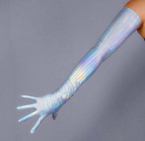 Holographic Rave Outfit, Gloves Aesthetic, Hen Do Outfits, Metal Glove, Fish Costume, Disco 70s, Muted Rainbow, Workout Routines For Beginners, Silver Holographic