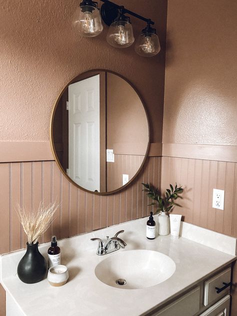 Moody Guest Bathroom Budget Renovation Modern Mocha Bathroom, 50s Inspired Bathroom, Dark Storm Cloud Behr, Dusty Rose Bathroom, Moody Guest Bathroom, Mauve Bathroom, Blush Bathroom, Tan Bathroom, Seattle Slew