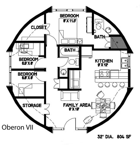 The Oberon, named for one of the moons of Uranus, is an 804-square-foot home. The flexibility of this size dome has resulted in several floor plan layouts created by our design department. Tiny Cottage Floor Plans, African Huts, Deltec Homes, Cob House Plans, Round House Plans, Octagon House, Circle House, Geodesic Dome Homes, Box Stitch