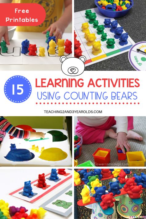 These counting bears activities are a fun way to introduce a variety of skills with preschoolers. Free educational printables included! #preschool #colors #math #literacy #finemotor #printables #sensory #STEM #science #countingbears #age3 #age4 #teaching2and3yearolds Counting Bears Printables Free, Montesorri Shelves, Counting Bears Activities, Bear Activities Preschool, Playdough Learning Activities, Math Patterns Activities, Bears Preschool, School Diy Ideas, Counting Bears