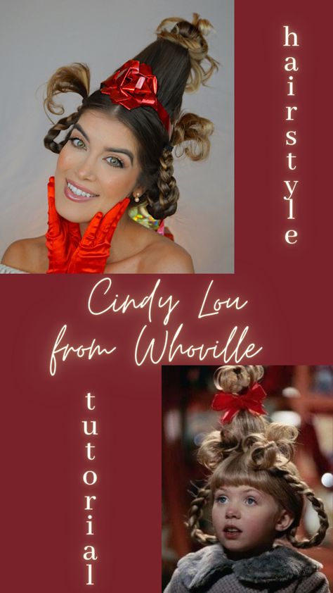 Watch this step by step hair tutorial on Cindy Lou Who Hairstyle from The Grinch Who Stole #Christmas ✨🎄 #winterhairstyles Cindy Lou Who Costume Diy Hair Tutorials, Who Hair Dr Suess Easy, Who Vile Hair, Hairstyles With Santa Hats, Cindy Loo Who Costume Diy, How To Do Cindy Lou Who Hair For Kids, Cindy Lue Who Hair, The Grinch Hairstyles, Cindy Lou Hair How To Do