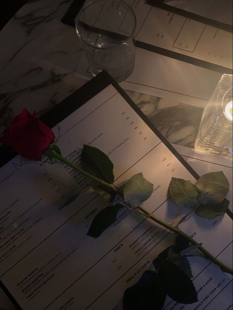 rose aesthetic. dinner date vibe. donner date aesthetic. boyfriend. candle lit dinner. romantic date. toronto. rose over menu at dinner table. Roses Date Aesthetic, Date Night Vibes Aesthetic, Candle Lit Dinner Aesthetic, Romantic Restaurant Date, Candle Light Dinner Aesthetic, Romantic Date Aesthetic, Couple Dinner Date Aesthetic, Romantic Dinner Aesthetic, Dinner Aesthetic Romantic