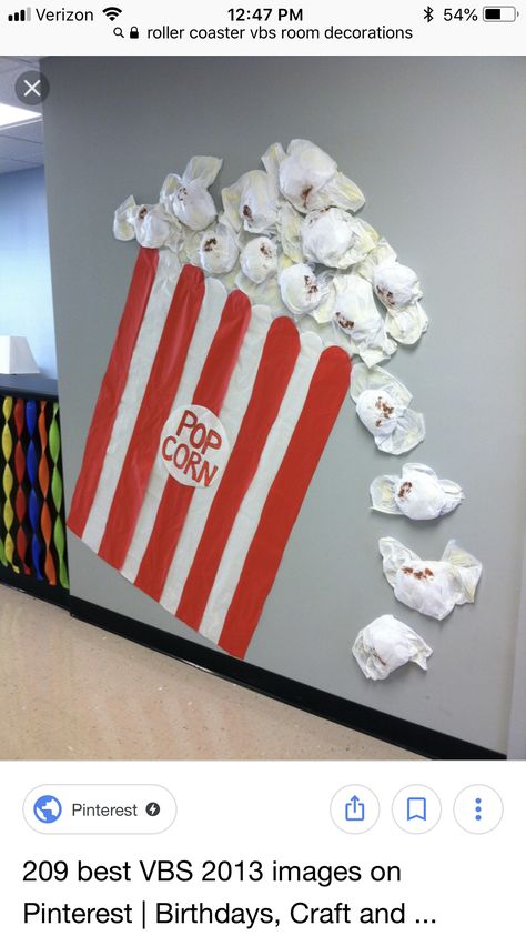 Popcorn Walls, Carnival Vbs, Popcorn Decorations, Popcorn Theme, Deco Cinema, Popcorn Stand, Circus Crafts, Movie Night Birthday Party, Carnival Decorations