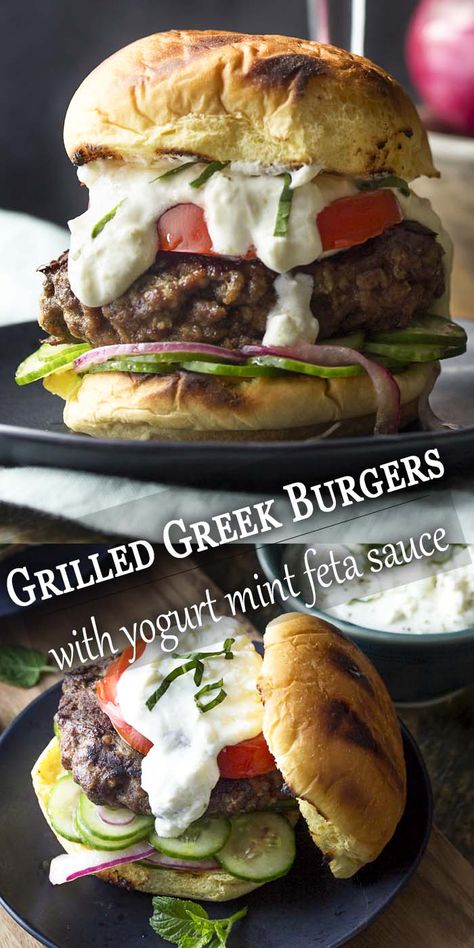 These grilled Greek burgers are made from ground beef and spices then paired with a Mediterranean yogurt mint feta sauce and a cucumber onion salad. Juicy and packed full of flavor! | justalittlebitofbacon.com #summerrecipes #grillrecipes #burgerrecipes #burgers #mediterraneandiet #grilling #groundbeef Mediterranean Yogurt, Greek Burgers, Feta Sauce, Cucumber Onion Salad, Greek Burger, Cucumber Onion, Burger Sliders, Onion Salad, Gourmet Burgers