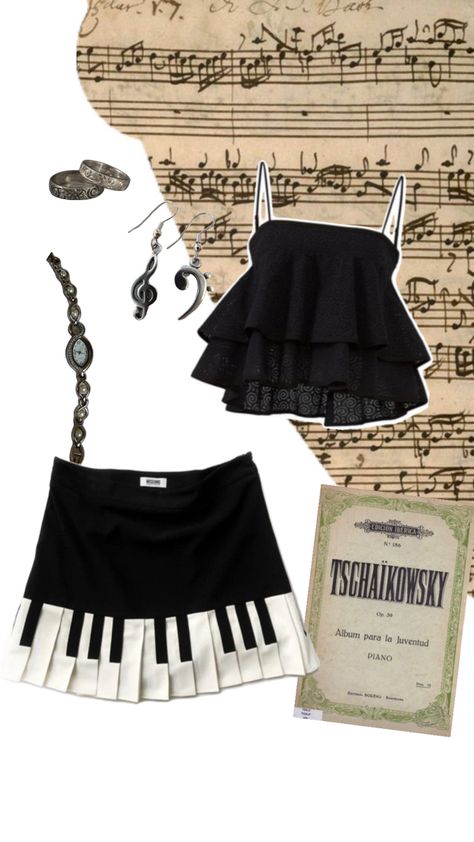 piano inspired outfit for musicians with a fancy skirt Piano Skirt Outfit, Piano Outfit, Classical Outfits, Piano Clothes, Piano Skirt, Fancy Skirts, Fancy Outfit, Character Fashion, Fancy Outfits