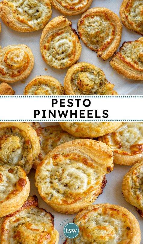 Easy Puff Pastry Pesto Pinwheels - The Schmidty Wife Pesto Puff Pastry Pinwheel, Puff Pastry Pesto Pinwheels, Easy Pastry Sheet Recipes, Finger Food Puff Pastry, Brunch Pinwheel Recipes, Pesto Pinwheels Puff Pastry, Appetizers With Pesto Appetizer Ideas, Picky Tea Ideas, Recipes With Simple Ingredients