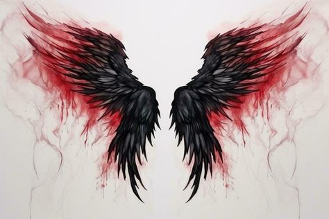 Black angel wings with red smoke on white background. Close-up. Beautiful magic red black wings drawn with watercolor effect, AI Generated Demon Wings Drawing, Red Angel Wings, Dark Angel Wings, Alas Tattoo, Wing Tattoo Men, Wings Sketch, Fantasy Mythology, Cupid Tattoo, Black Arch