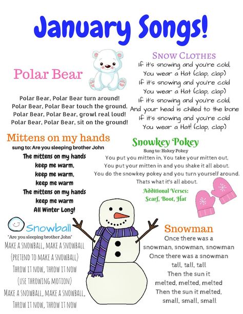 Images By Clubbhouse Kids 5BE January Songs, Winter Songs For Preschool, January Preschool Themes, January Lesson Plans, Daycare Printables, Literacy Preschool, Ece Activities, Daycare Lesson Plans, Winter Lesson Plan