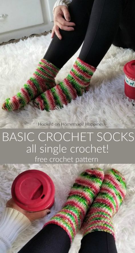 Basic Crochet Socks Pattern - These Basic Crochet Socks Pattern use worsted weight yarn and are all single crochet! They work up surprisingly fast and are beginner friendly. A great Holiday gift. Crochet Socks Pattern Easy, Worsted Weight Crochet Socks, Begginer Crochet Socks, Crochet Socks Chunky Yarn, Easy Crochet Christmas Gifts Free, Crochet Thick Socks, Crocheting Socks Beginner, Crochet Patterns For Wool Yarn, Crochet Socks Worsted Weight Yarn