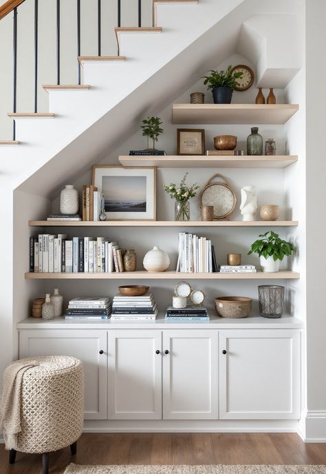 Staircase Storage Under Stairs Book Case Under Stairs, Under Stairs Floating Shelves, Under The Staircase Design, Understairs Cabinet Ideas, Staircase Cubby Ideas, Under Stair Shelving, Understairs Bookshelf, Under Stairs Shelving Ideas, Under Stair Decor