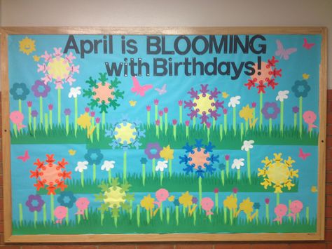 Bulletin Board for April Birthday. I think I used over 1000 staples by shoving as many flowers as possible, it was too much fun. April Birthday Bulletin Boards, May Birthday Bulletin Board Ideas, School Birthday Bulletin Boards, March Birthday Bulletin Board Ideas, April Birthday Board, April Bulletin Board Ideas For Work, April Birthday Bulletin Board Ideas, March Birthday Bulletin Boards, April Birthday Board Ideas