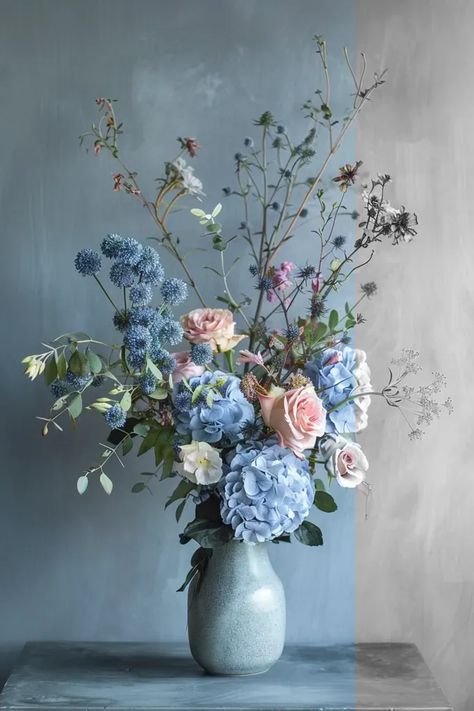 Full Color Image in ai-img-gen.com 🔸 minimalistic floral arrangement on a gray table and a dusty blue background. Front view 🔸 From Midjourney AI Image Blue Fall Floral Arrangements, Blue Floral Arrangements, Blue Flower Arrangements, Light Blue Walls, Gray Table, Flower Arrangement Designs, Blue Hydrangeas, Ethereal Aesthetic, Blue Floral Design