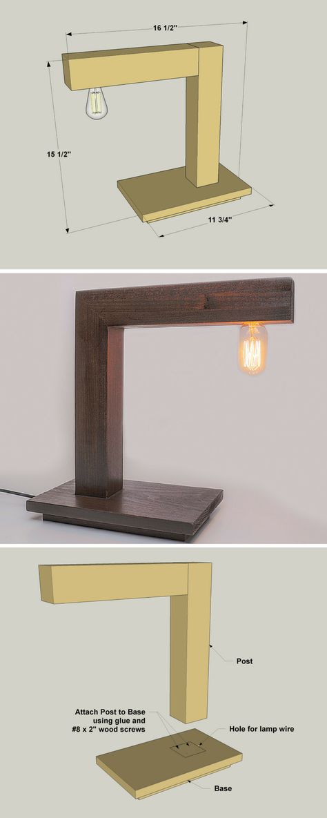 With its modern styling and antique-style bulb, this desk lamp offers a unique look that’s sure to please. It’s made from just three short boards, plus simple lamp hardware. The biggest challenge with this project is drilling a couple of long, straight holes, which will help you work on your skills. Get the free DIY plans at buildsomething.com Short Desk Ideas, Simple Desk Lamp, Wood Lamps Ideas, Diy Modern Desk, Diy Wood Lamp, Desk Lamp Diy, Wooden Desk Lamp, Wood Desk Lamp, Wooden Lamps Design