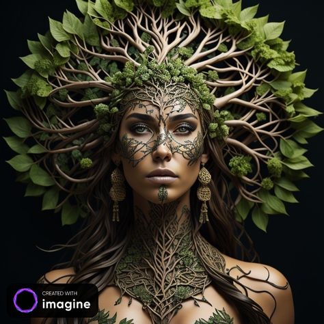 Nature Goddess Makeup, Tree Headdress, Mother Earth Makeup, Black Mother Nature, Mother Earth Costume, Mother Nature Costume Makeup, Dryad Costume, Earth Queen, Tree Goddess