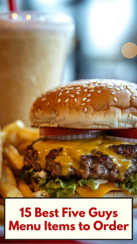 Close-up of a Five Guys burger with melted cheese, crispy fries on the side, and a creamy milkshake in the background. Five Guys Burger Recipe, Guys Burgers Recipe, Five Guy Burgers, Yummy Fries, Juicy Burgers, Crispy Fries, Crispy Fry, Five Guys, Milkshakes